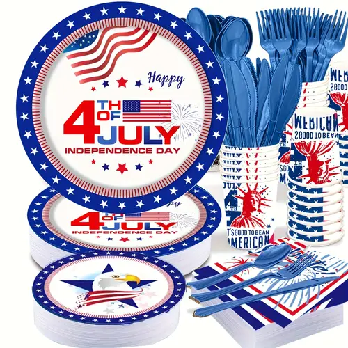 175pcs party disposable dinnerware set 25 sets 9 american flag paper plates blue forks spoons napkins cups patriotic party supplies for memorial day celebrations supplies patriotic theme plastic coated plates