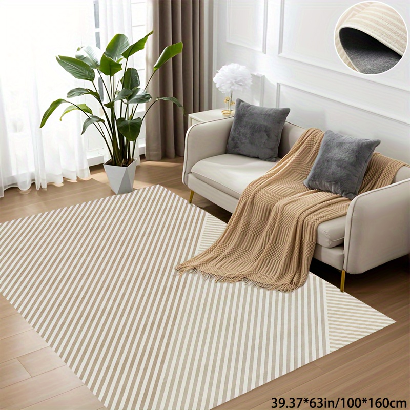 

1pc Home Carpet European Simple Geometric Lines Beige Washable Area Carpet Office Living Room Bedroom Carpet Non-slip Absorbent Durable Imitation Cashmere Material 1250g/square Linen Thickness 12mm
