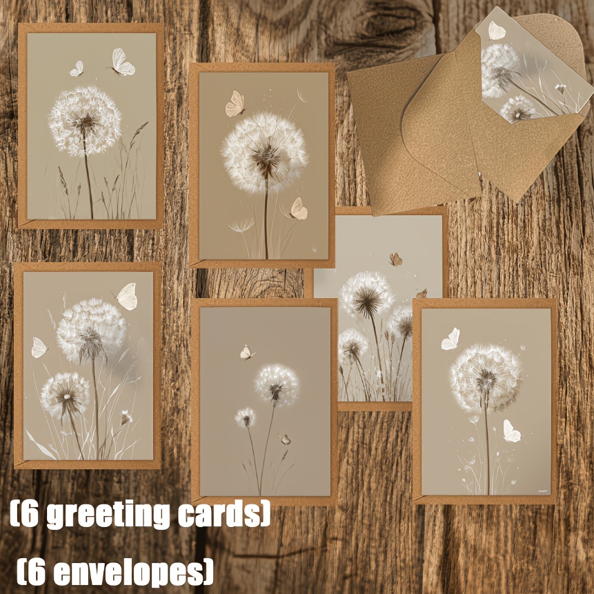 TEMU 6-pack Fun Greeting Cards With Envelopes, Dandelion And Pattern, Holiday Greeting Cards | Blank Inside | Suitable For Holidays, Parties, Event