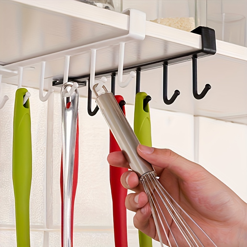 

1pc Multifunctional Kitchen Storage Rack, Multi- Storage ! Includes 6 Hooks, Glass Cup Holder + Storage Rack + Hanging Clothes Rack, Start Organizing Your Kitchen From It, Utility Hooks