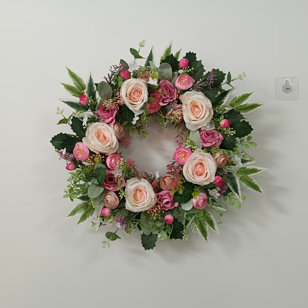 Image of Soft Pink Roses And Purple Peonies Wreath | Wall Hanging, Plastic, Contemporary Style, Suitable For New Year, Spring, Valentine's Day