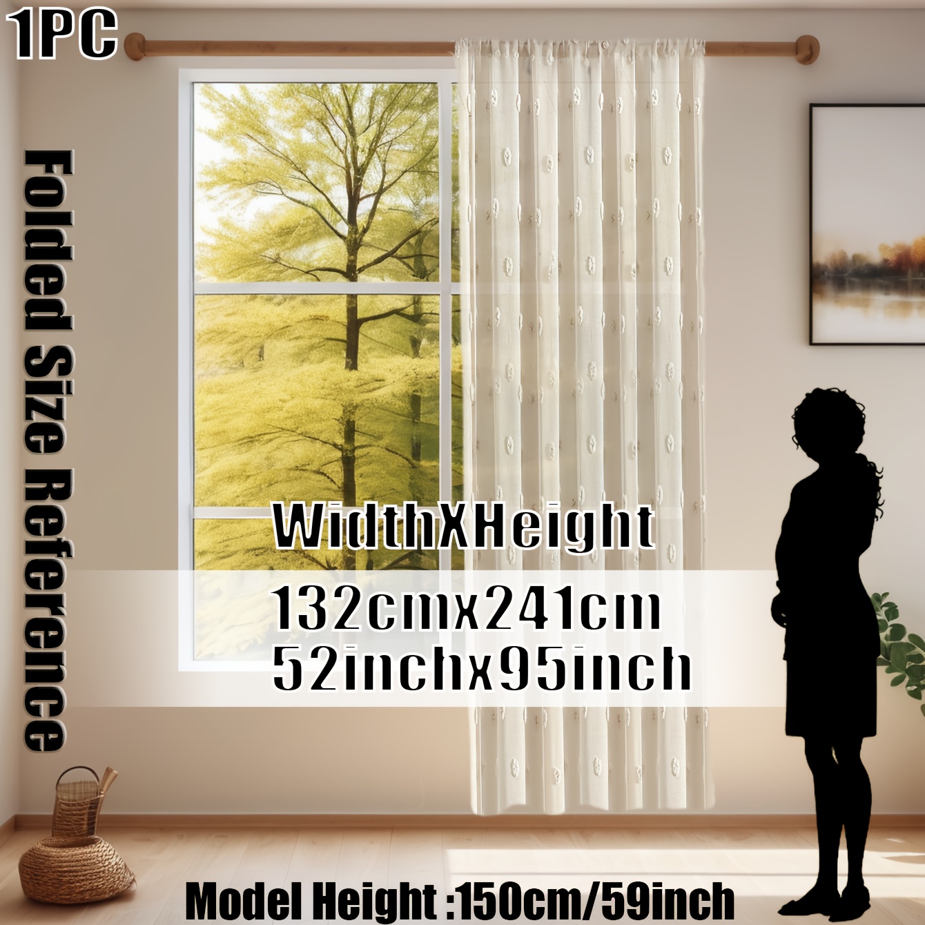 E-shop 1 Panel Beige Französisches Landhaus Boho Vorhang mit Pom-Pom-Spitze & Design – Filtervorhang für Schlafzimmer, Wohnzimmer – Maschinenwaschbar