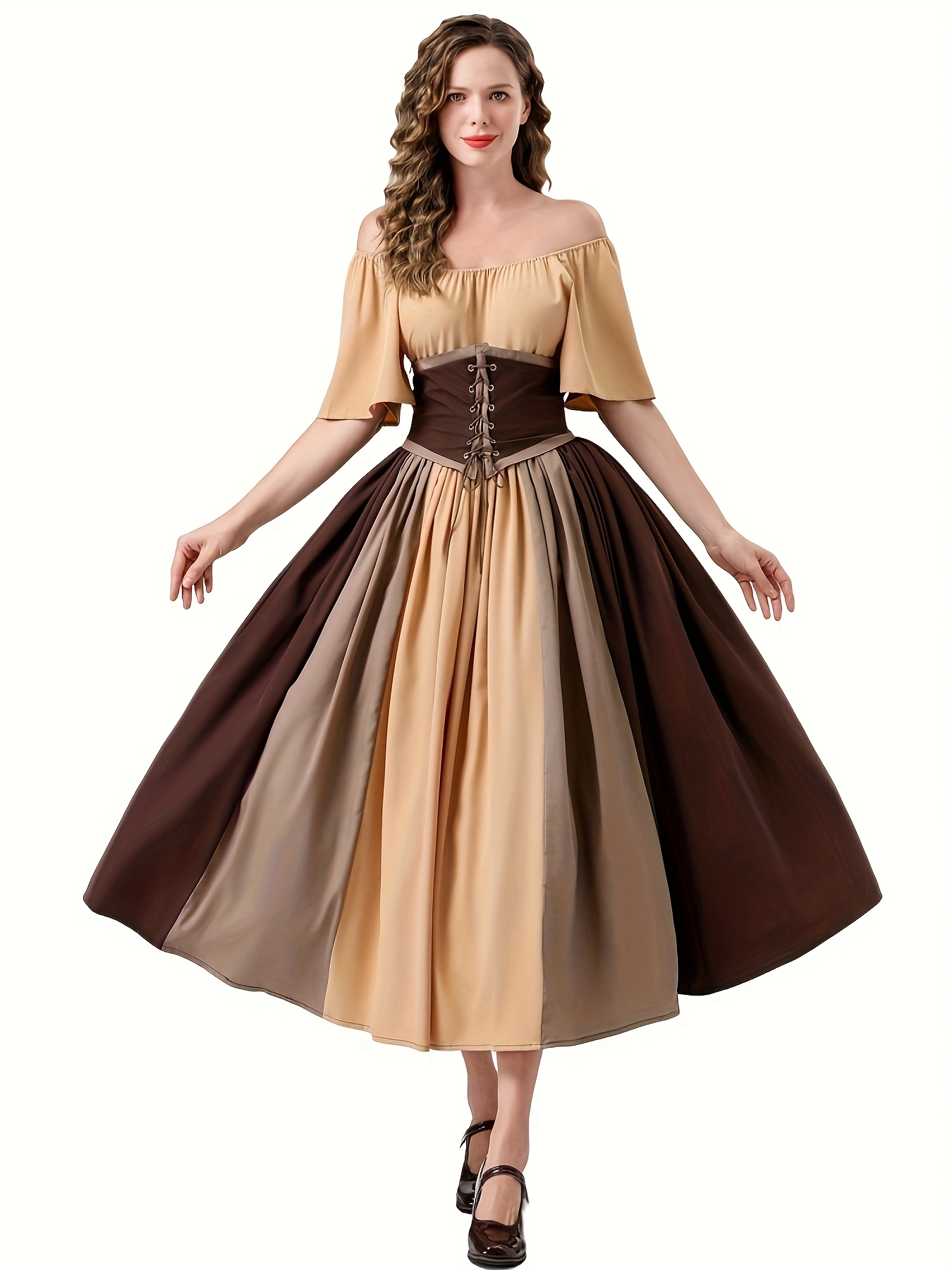 Vintage Renaissance Off-Shoulder Dress with Cinched Waist Layered Skirt  Olive Green Dark Brown, Short Sleeves Medieval Court or Ren