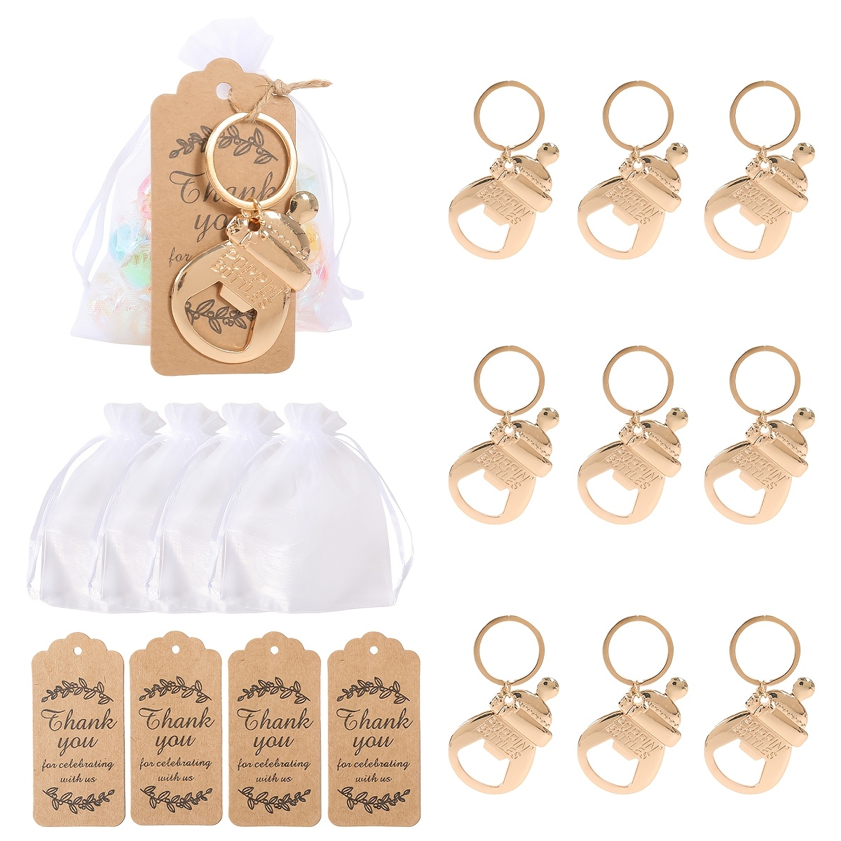 gift for her him 10sets pacifier keychain bottle opener set metal keychain bottle openers with organza bags and thank you tags suitable for weddings birthday parties shower decor   guest gifts presents gender reveal party supplies