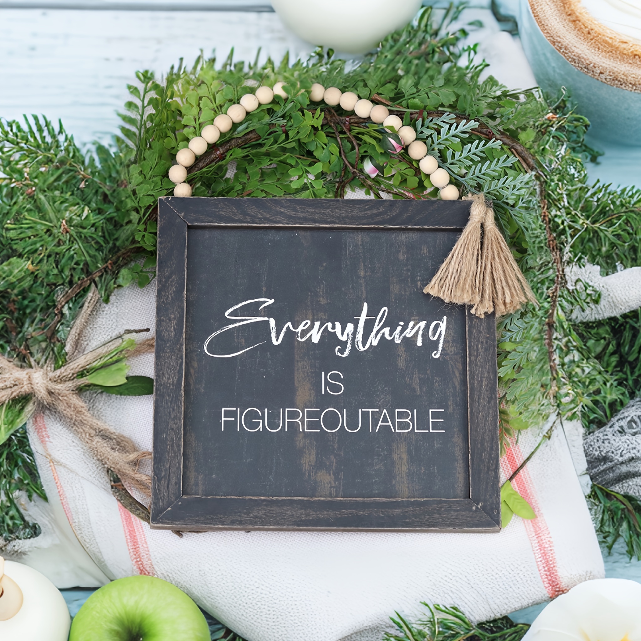 

Everything Is Figureoutable Wood Framed Wall Sign With Wood Bead String Hanger, Rustic Farmhouse Wood Wall Hanging Decor, Black