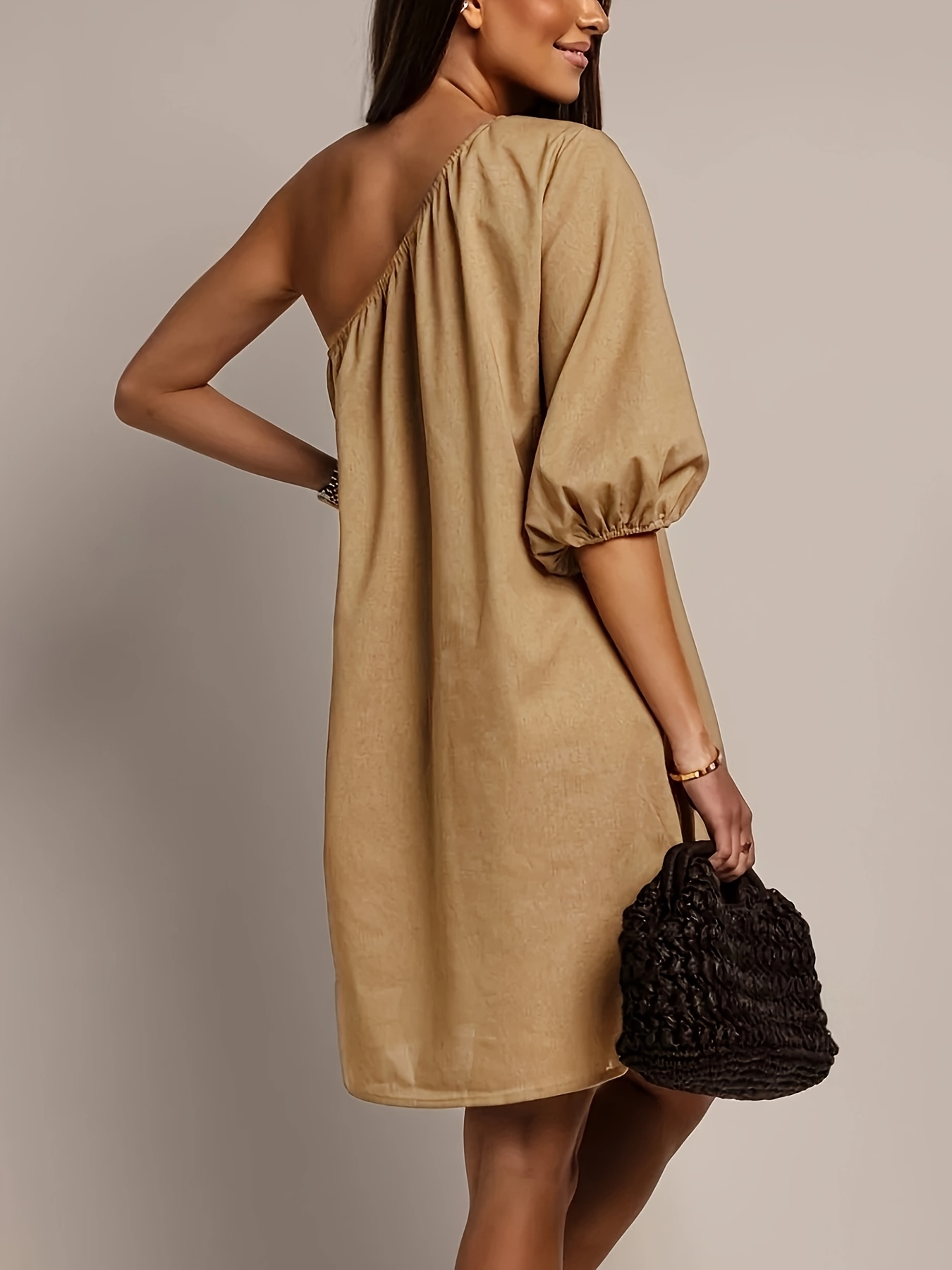 off shoulder dress semi formal camel colored straight knee length half LowStock:42572161876019
