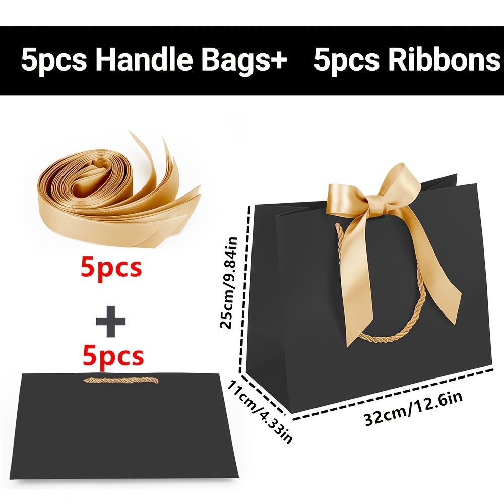 TEMU Gift For Her/him Set Of 10 Items (5 Golden Ribbons And 5 Black Gift Bags) Featuring Golden Bowknot Handles, Offered In 3 Sizes (large, Medium,