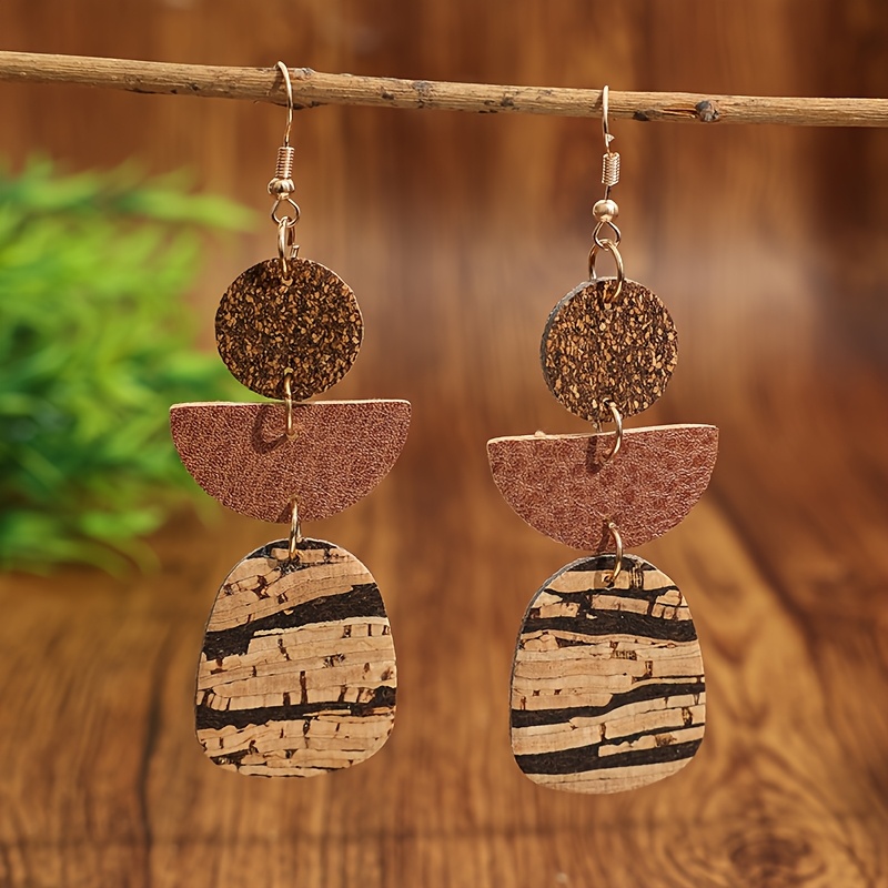 TEMU Une paire de boucles d'oreilles tendance vieillies à couches empilables en liège et PU