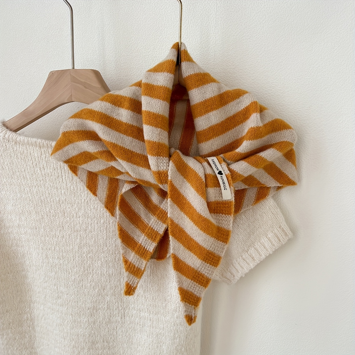 TEMU 1 High-quality Striped Wool Shawl Outerwear Women's Spring, Autumn And Winter Korean Style Versatile Warm Triangle Scarf Neck French Retro