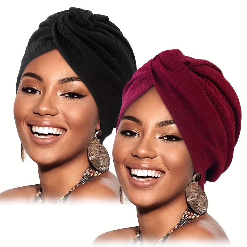 2pcs Set Pleated Crossed Headscarf Hat, Ethnic Turban, Pullover Middle Eastern Hijab