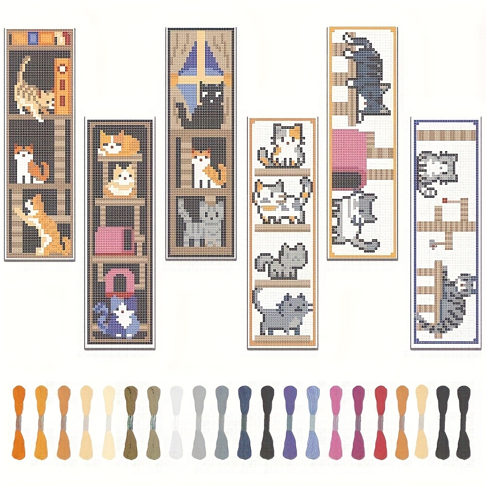 

6pcs Cat-themed Stitch Bookmark Kit With Instructions - Beginner-friendly, Nylon Embroidery Set, Ideal For Gifts, Crafting