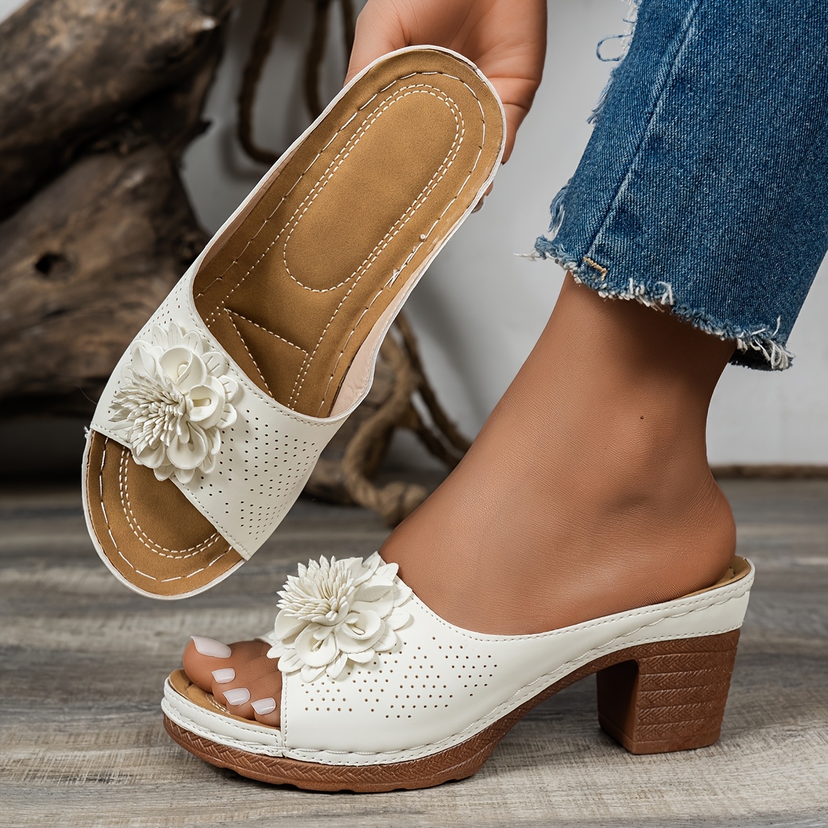 Women's Retro Floral Embellished Mid-Heel Slide Sandals - Slip-On Open-Toe Synthetic Cover Weddings, Parties & Daily Beige Footwear, Dressy Shoes, Wedding Party Footwear, Decorative Flower Design, Durable Rubber Sole, Allseason Wear