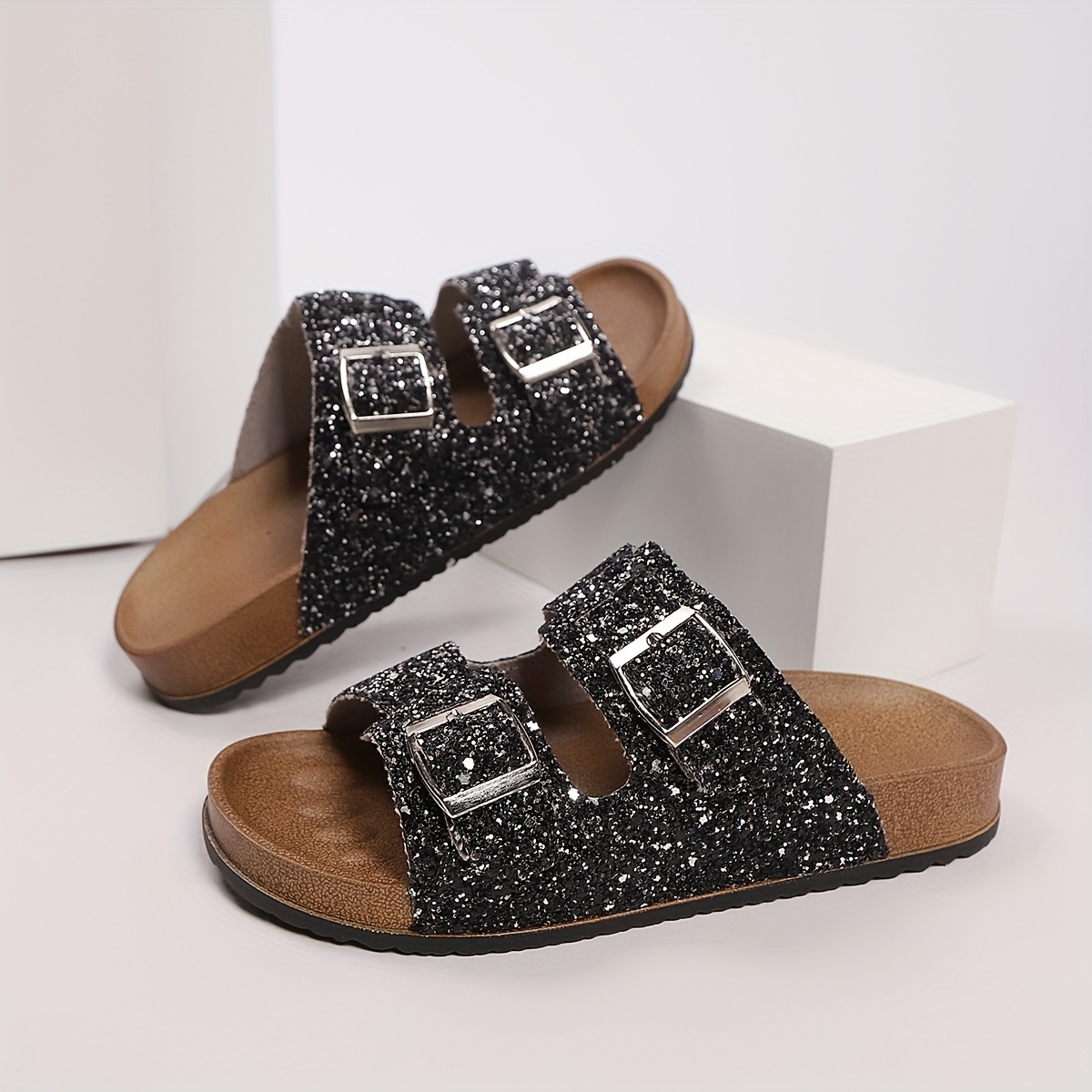 Flat Sandals Madden Girl Fancy Slide Women's Glittery Black White