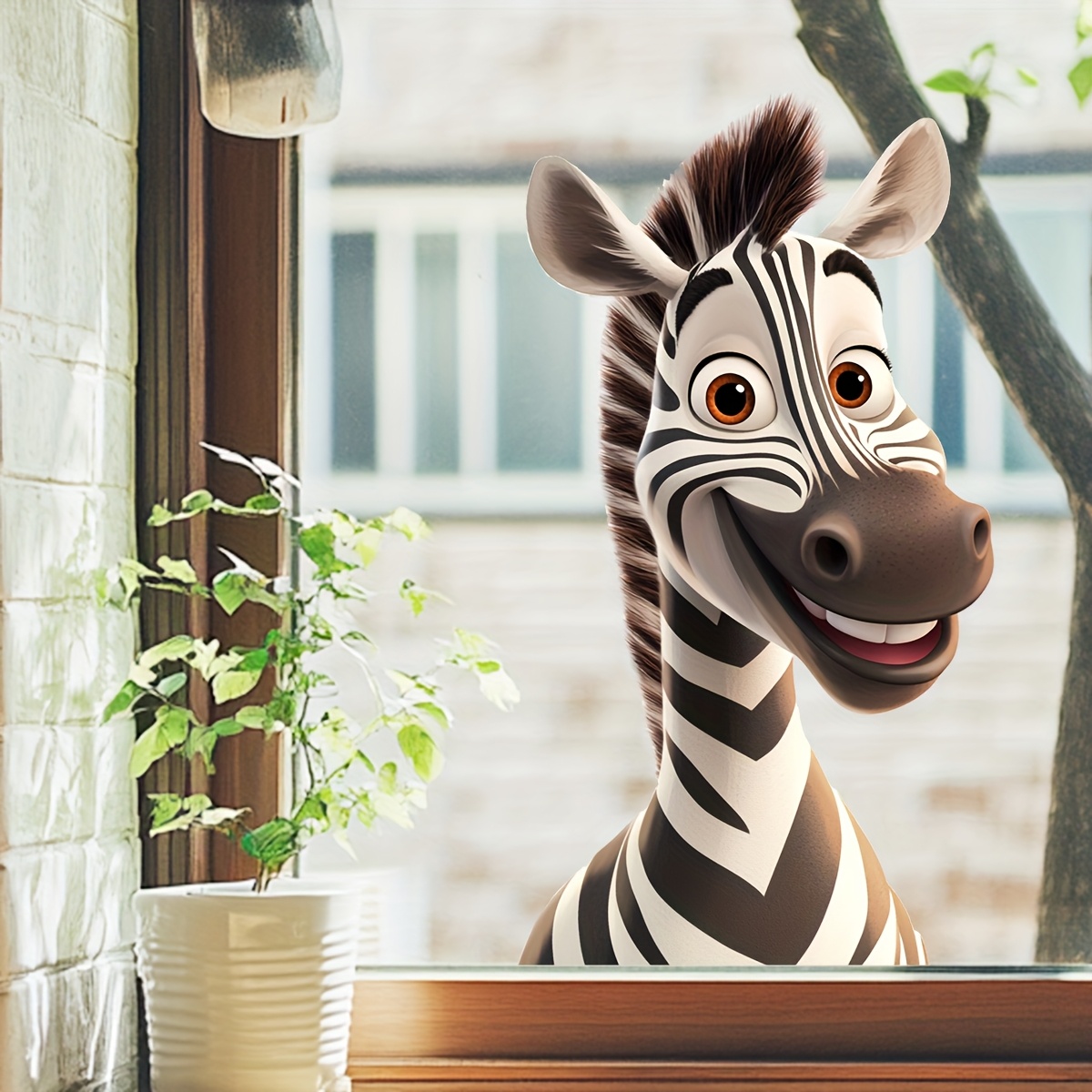 1pc cute zebra sticker   cartoon   with green leaves   glass windows ideal for living room bedroom bathroom office decor office decoration     easy   sticker zebra decor