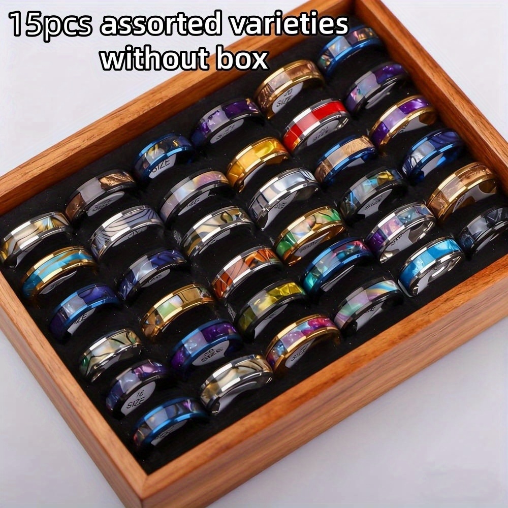 E-shop 15-teiliges Set Retro-Mode minimalistische Luxus-Holzmaserung-Ringe, lässige trendige Edelstahl- Ring-Sets, Alltags- Partyringe, Accessoires,