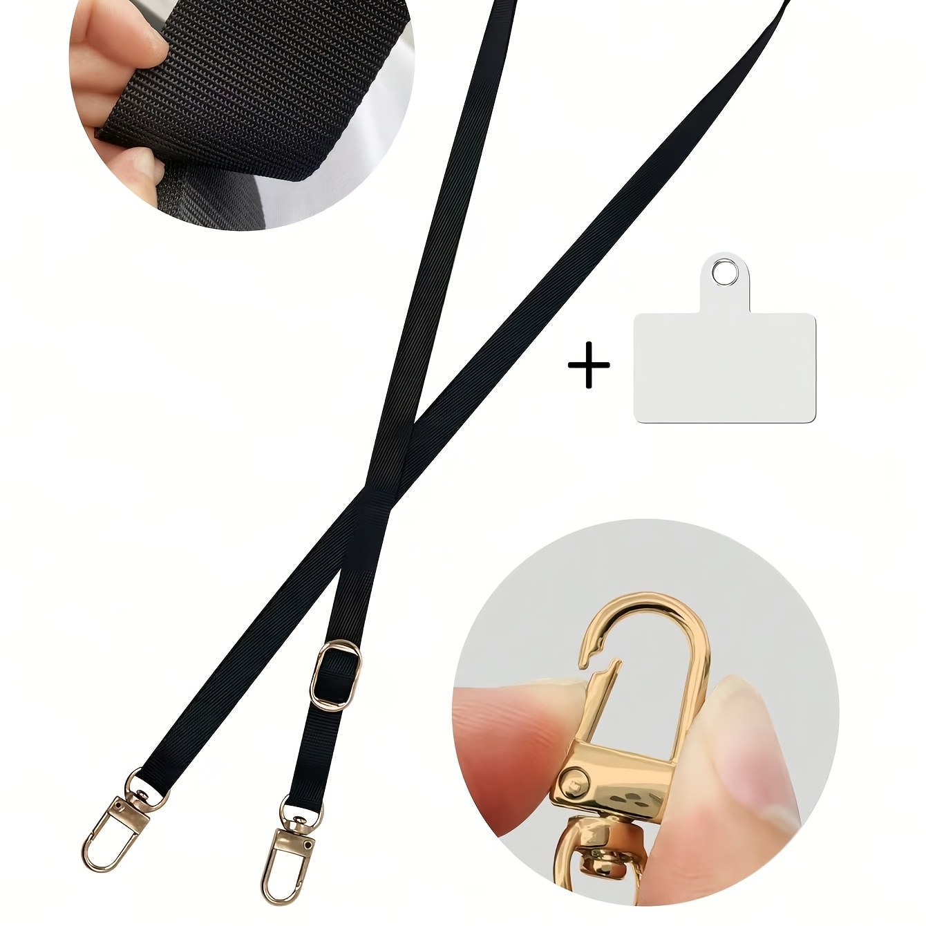TEMU Black Phone Lanyard With Golden Metal Additions And A Transparent Phone Gasket, Suitable For , High-end, Elegant, Luxurious, Versatile,