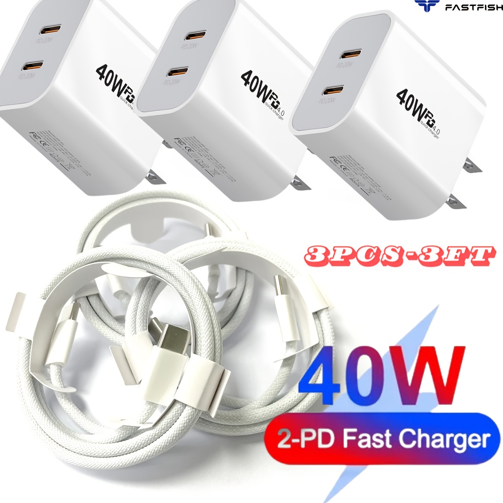 

Fastfish 3pcs For Iphone 15 For Xiaomi For Pd Fast Charger 3ft Cord Cable 40w Usb- Adapter Block