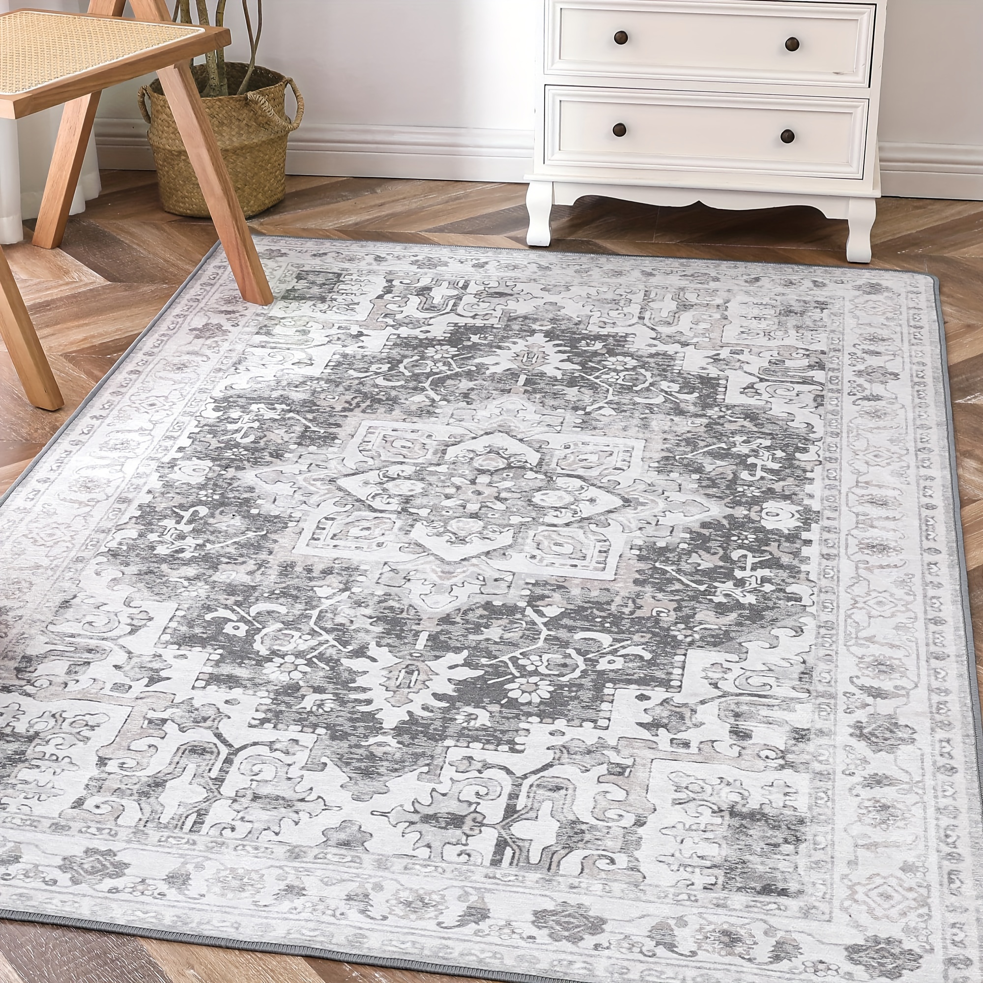 TEMU Area Rug, Machine Washable Rugs For Living Room, Non Slip Vintage Indoor Retro Rug, Low Pile Lighrweight Large Print Rug For Bedroom Dining Room Home Office