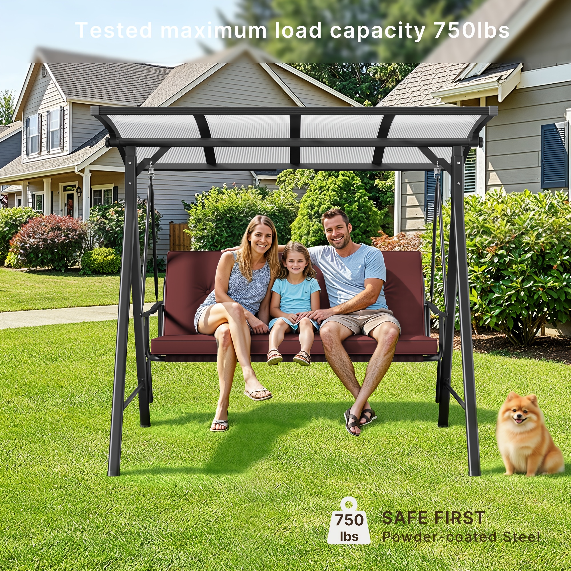 3-Seat Porch Swing Chair with Stand - Convertible to Adult Swing Bed, Adjustable UV-Protected Canopy & Thick Cushion, 750lbs, Flat Bed (Red/Blue/Dark Gray) for Porch, Backyard, Garden & Balcony