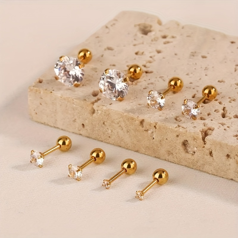 E-shop 4 Paar/Set modische 316 Edelstahl Goldene Vier-Klauen Runde Synthetische Kubische Synthetische Synthetische Zirkonia Ohrstecker, Unisex Stil,