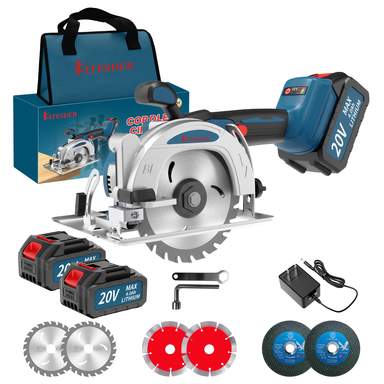TEMU Scie Circulaire Fil 20V, 4-1/2 Pouces, 6900 tr/min, Multi-lames, Poignée en Métal, Kit de Scie Circulaire avec Batterie et Chargeur. Convient
