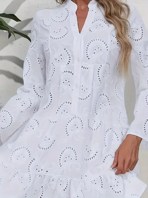 spring summer solid color deep v neck loose embroidery hollow lace dress