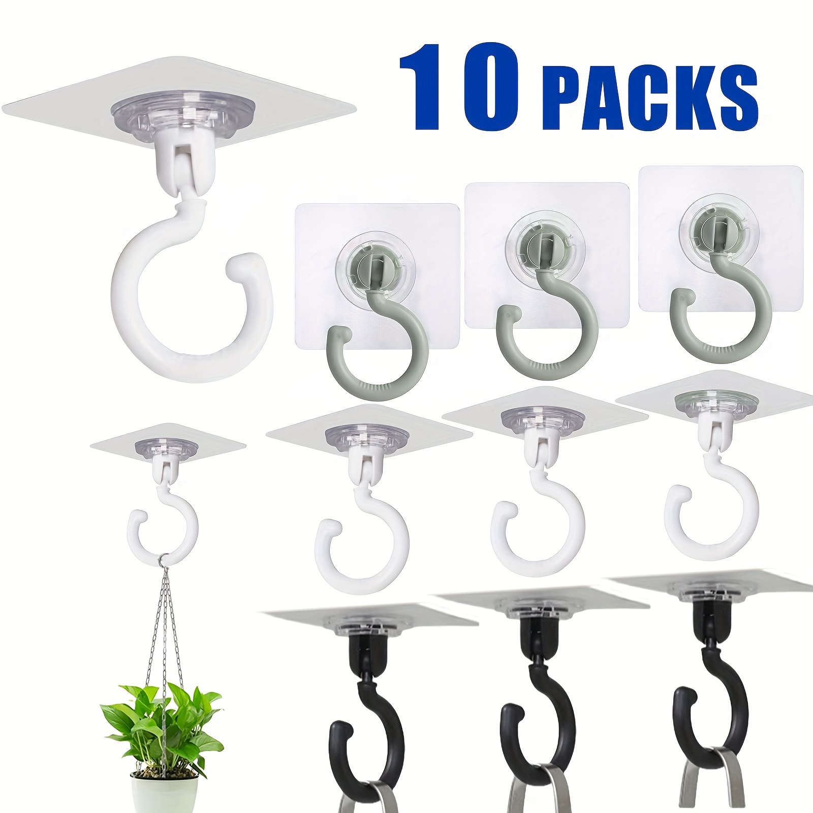 No Hole Adhesive Ceiling Hooks for Hanging Light Plants,sticky Eye Hooks  for Hanging Boby Mobile Curtain,set of 10 round 
