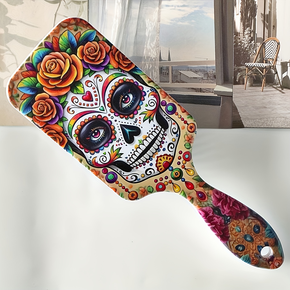 1 Peine con cojín de aire y patrón de calavera colorido, peine lindo para masaje del cuero cabelludo, antiestático, cepillo de pelo de agarre cómodo, peine de mango de ABS duradero, cerdas de nailon, adecuado para todo tipo de cabello, regalos ideales para Halloween, Día de Muertos mexicano