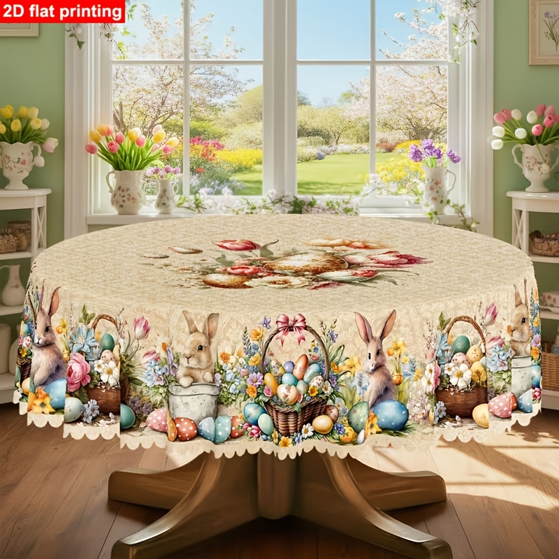 TEMU 1pc Spring Easter Tablecloth With Rabbit, And Tulip Pattern - Round/square Tablecloth, Suitable For Indoor And Outdoor Use, (standard Table