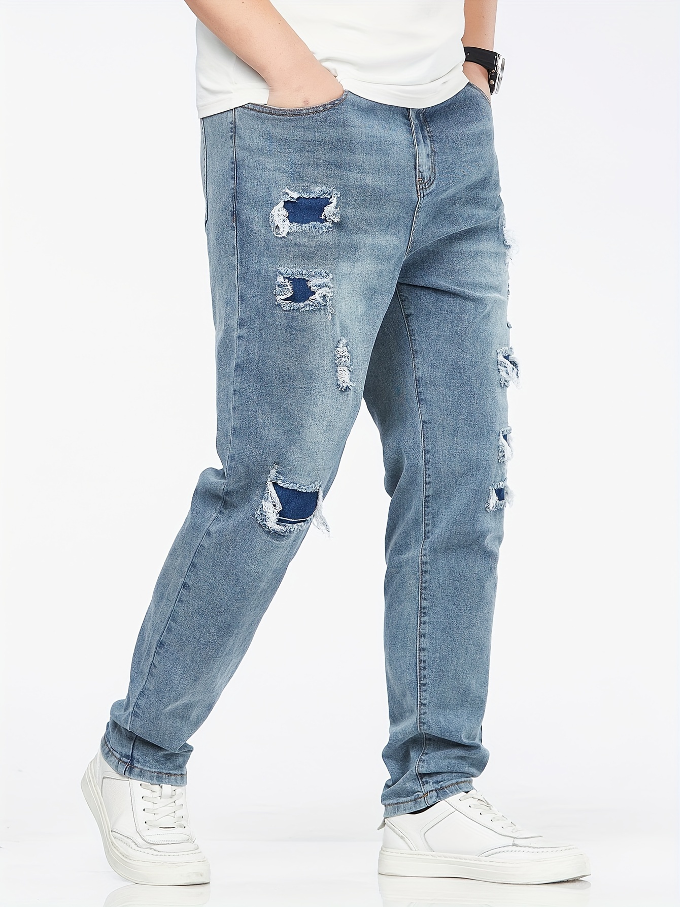 1pc Men'S Plus Size Denim Jeans, Casual Skinny Fit with Pockets, All-Season Solid Color, Medium Stretch Woven Fabric, Ripped Design