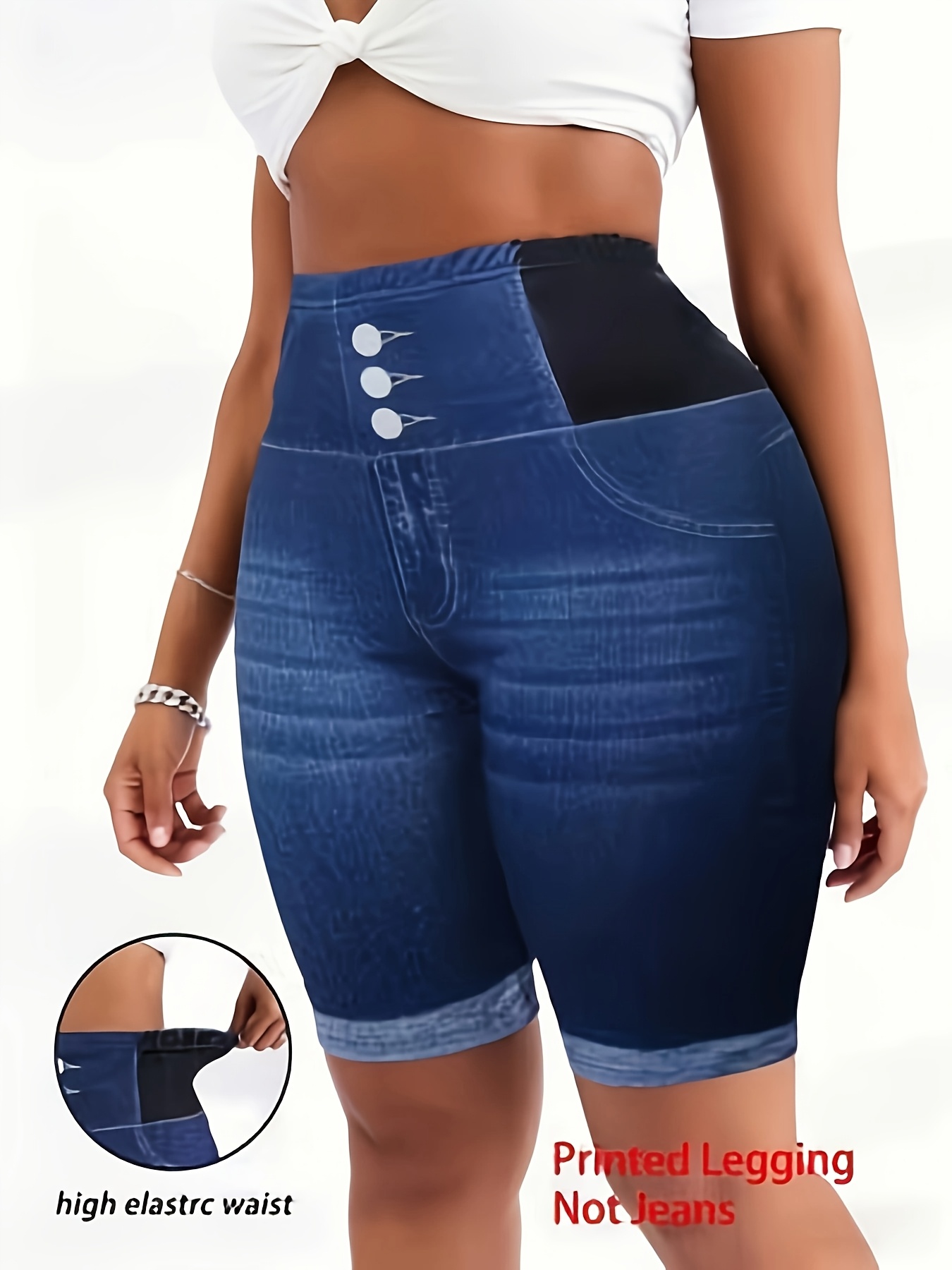 Short Femme Grande Taille — Taille Haute & Effet Jean Grandes Tailles, Shorts Imprimés Taille Haute pour Femmes ; Leggings Élastiques ; Shorts Décontractés d