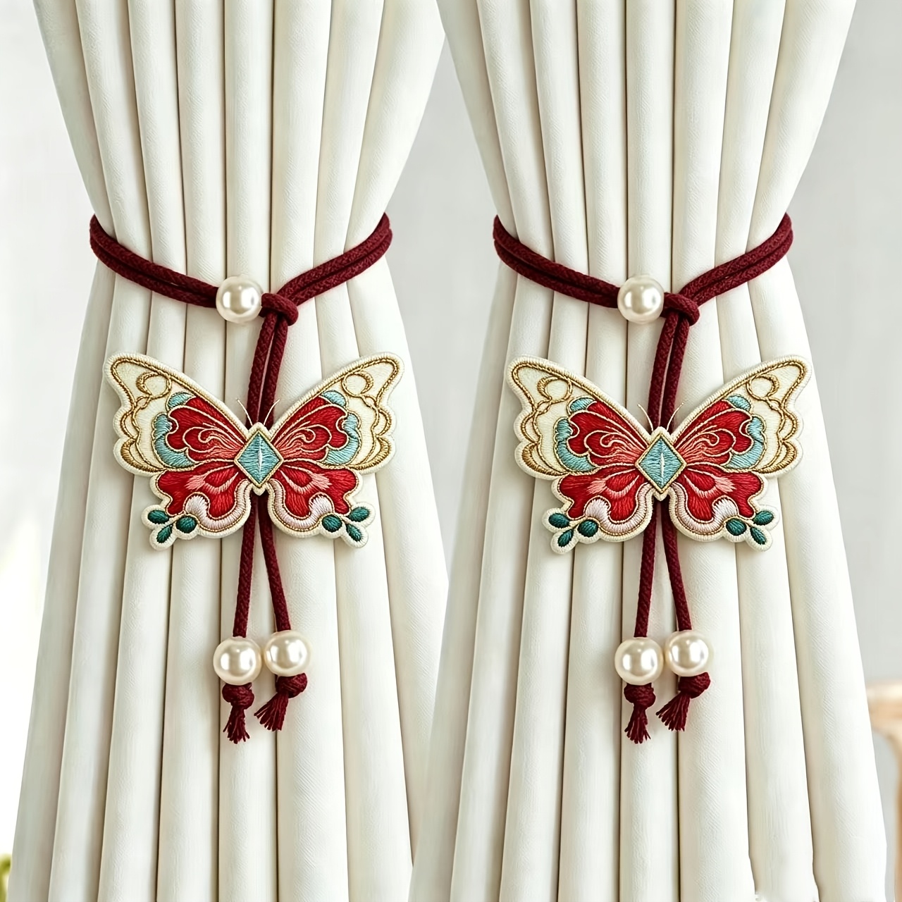 TEMU 2pcs Attaches de rideau papillon brodé style vintage, sangles de rideau réglables avec embellissements de perles artificielles, ajouts de rideau