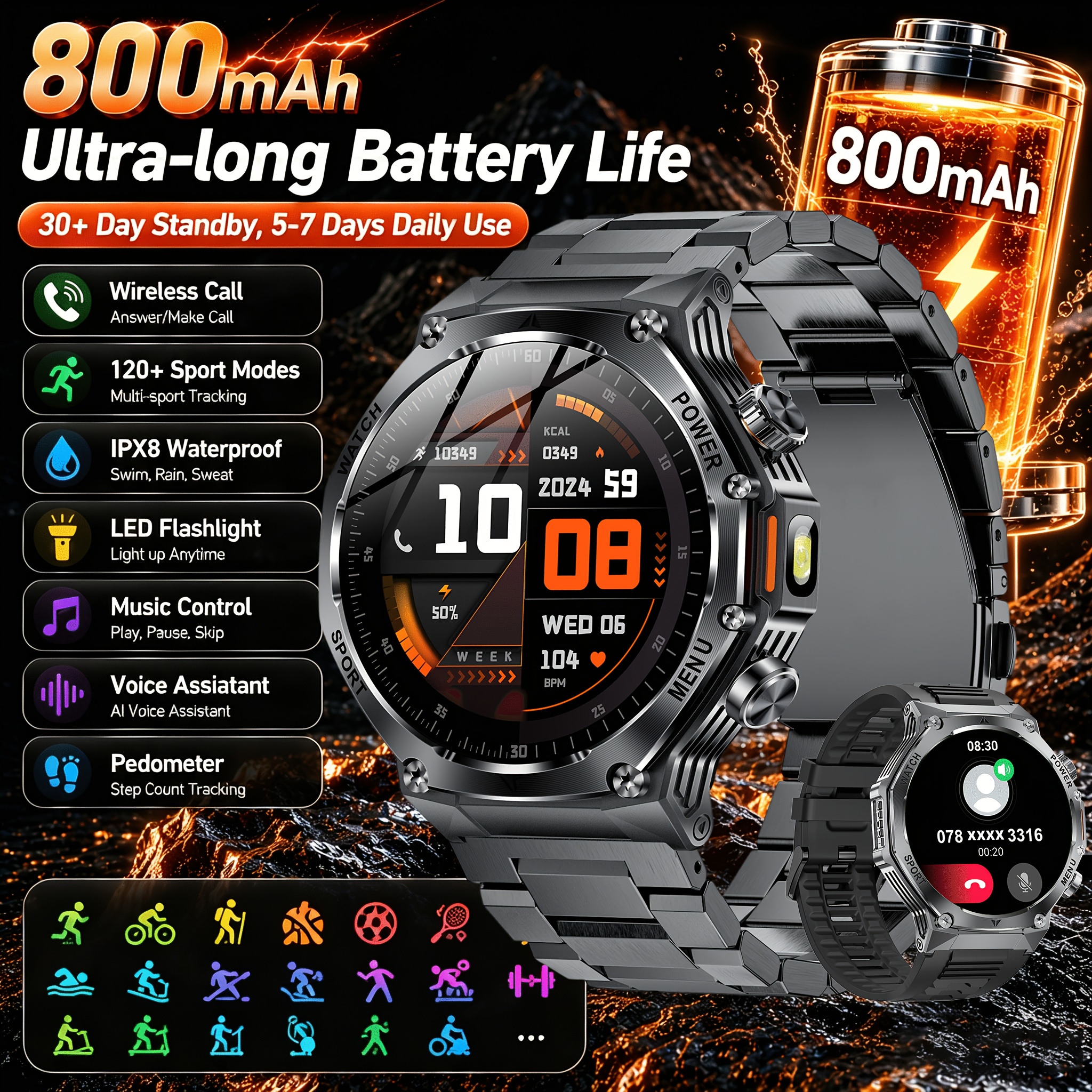 Image of Hirreo Watch, Wireless Calls, 800 Mah Battery, 1.8-inch Hd Display, Sports Watch With Torch 120 , Weather , Ipx8, Message Reminder, Music&camera Control, Fitness Watch With Sleep Monitor For Iphone