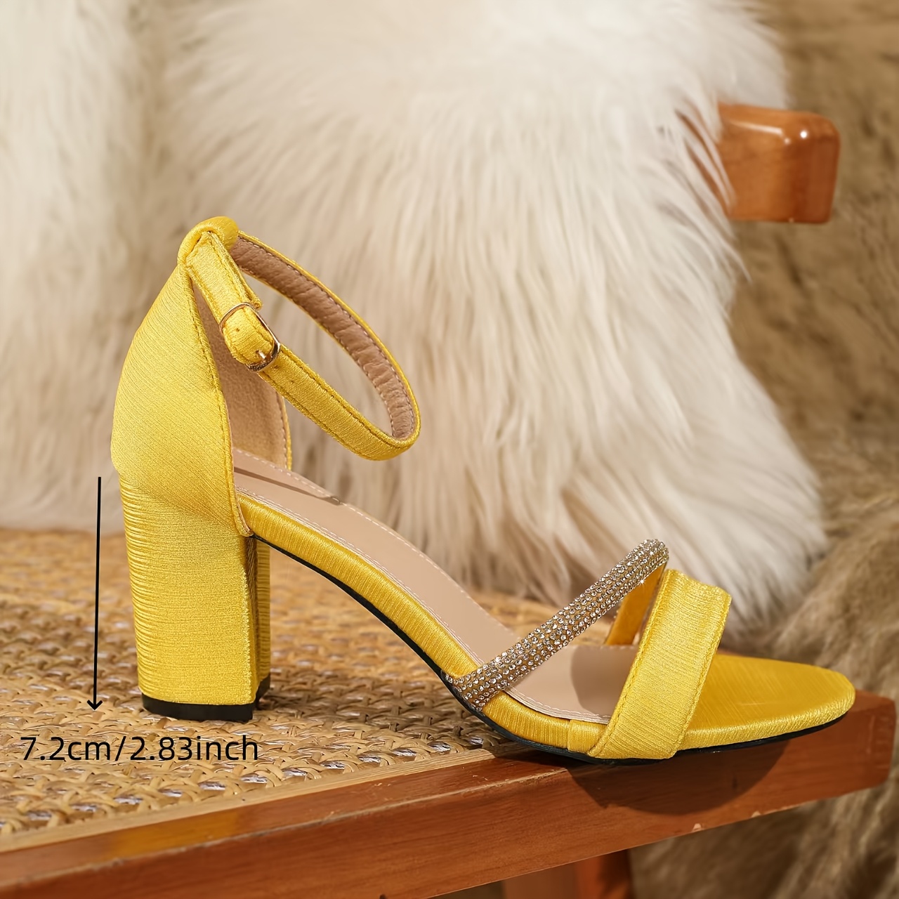 Women's Stylish Yellow Open-Toe Block Heel Sandals Ankle Strap,  Glittery Detail Summer Parties Events, Evening Wear Shoes