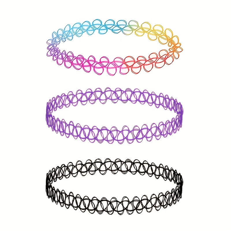Image of 3pcs Y2k Vintage Gothic Tattoo Choker Set - Black, Purple, And Rainbow Tattoo Chokers, Stretchable Neck Collar, Suitable For 90s To 2000s Vintage Style, Wearable By Women All Year Round