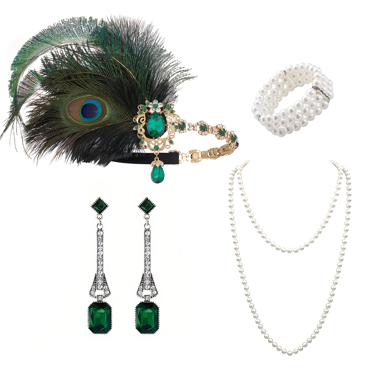 TEMU 4pcs Women's 1920s Flapper Set, Roaring 20s Headband Headband Costume Accessory For Masquerade, Gala, Modern Party Cosplay