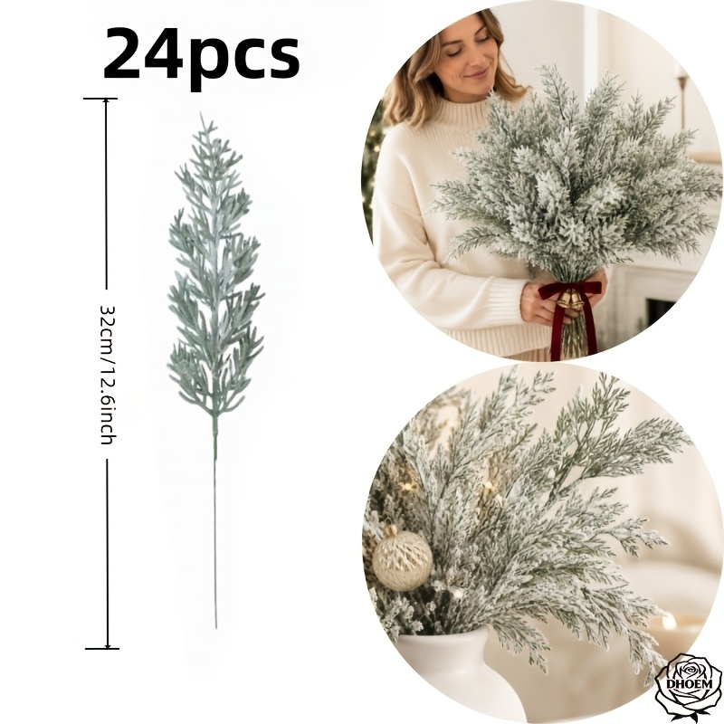 TEMU 24pcs Realistic Frosted Norfolk Pine Branches, Snowy Pine Bouquet - 12.6 Inches Long, Durable Plastic Indoor/outdoor Christmas Tree Decorations,