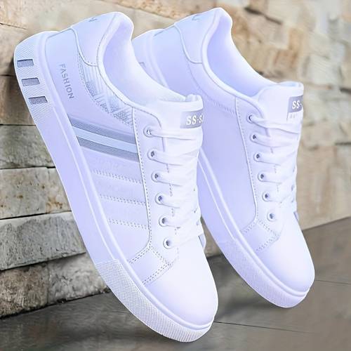 item picture mens low top casual sneakers white lace with red breathable pu upper fabric lining cushioned pvc sole for skateboarding daily wear versatile fashion shoes modern sporty look durable pvc sole