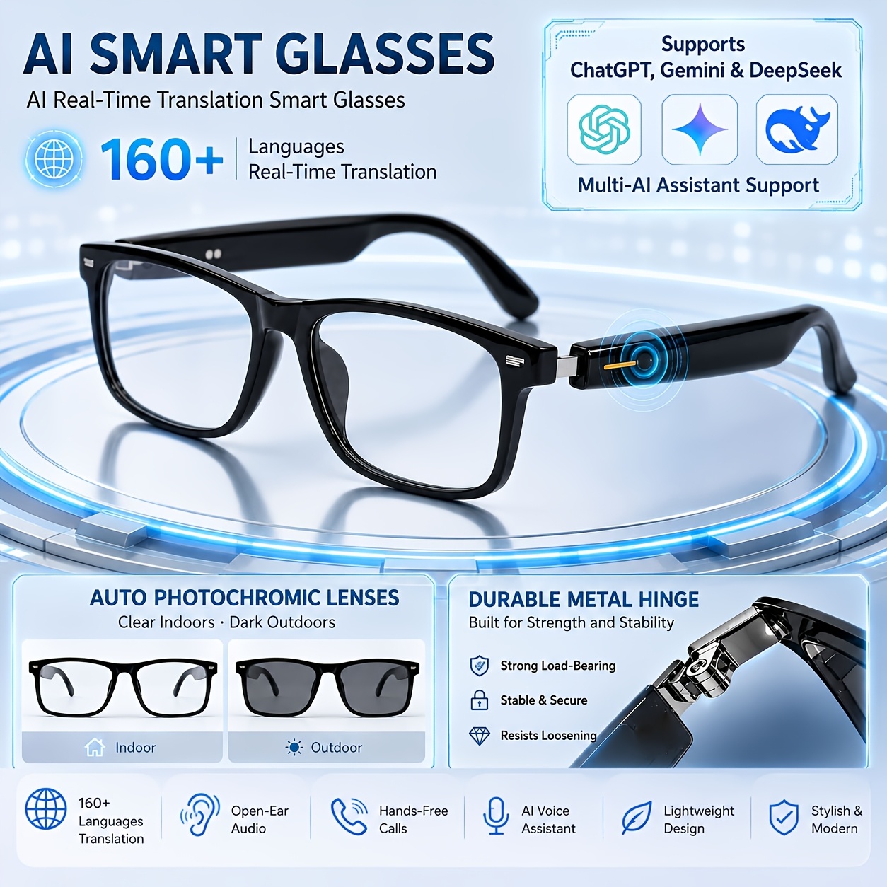 TEMU 2026 Ai Smart Translation Glasses, 160+ Languages Real-time & Video Translation, Photochromic Blue-light Lenses, Open-ear Audio, Touch Control,