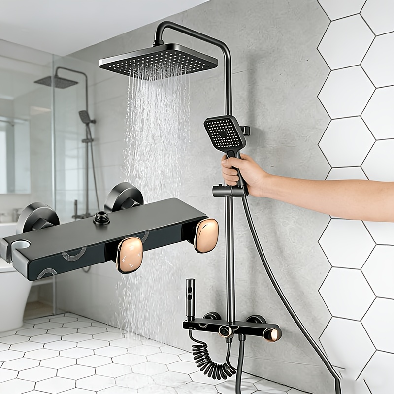 Image of Modern Minimalist Shower Faucet Set With Thermostatic System & Pressurized Showerhead - Stainless Wall-mounted Suitable For & Hotel Bath, , Hot/cold Water Mixer Valve For Bathroom Shower System