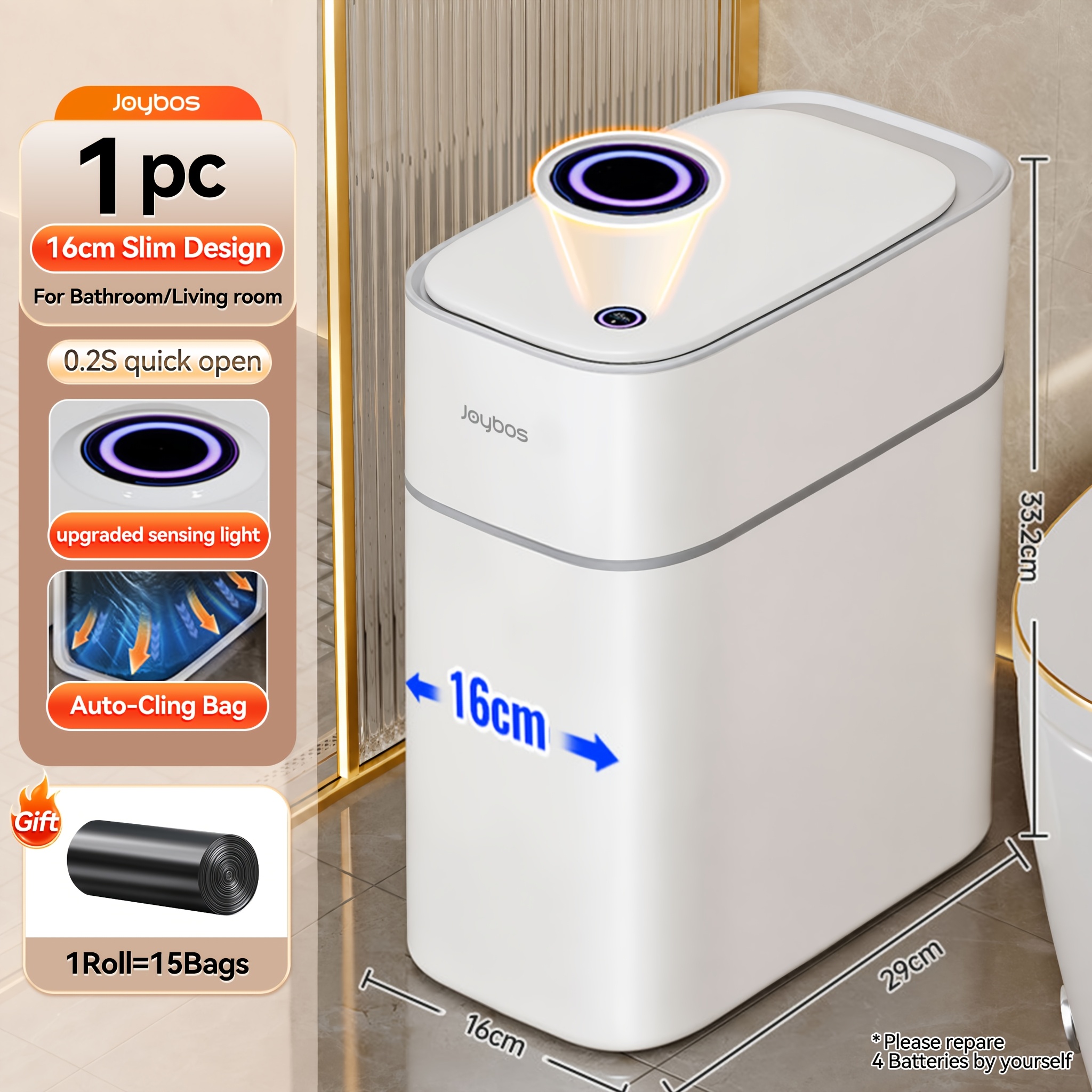 TEMU 14 L Touchless Sensor Trash Can With Lid - Motion Activated Waste Bin, Hygienic Operation Suitable For Bathroom, Bedroom, Office, Home, Compact