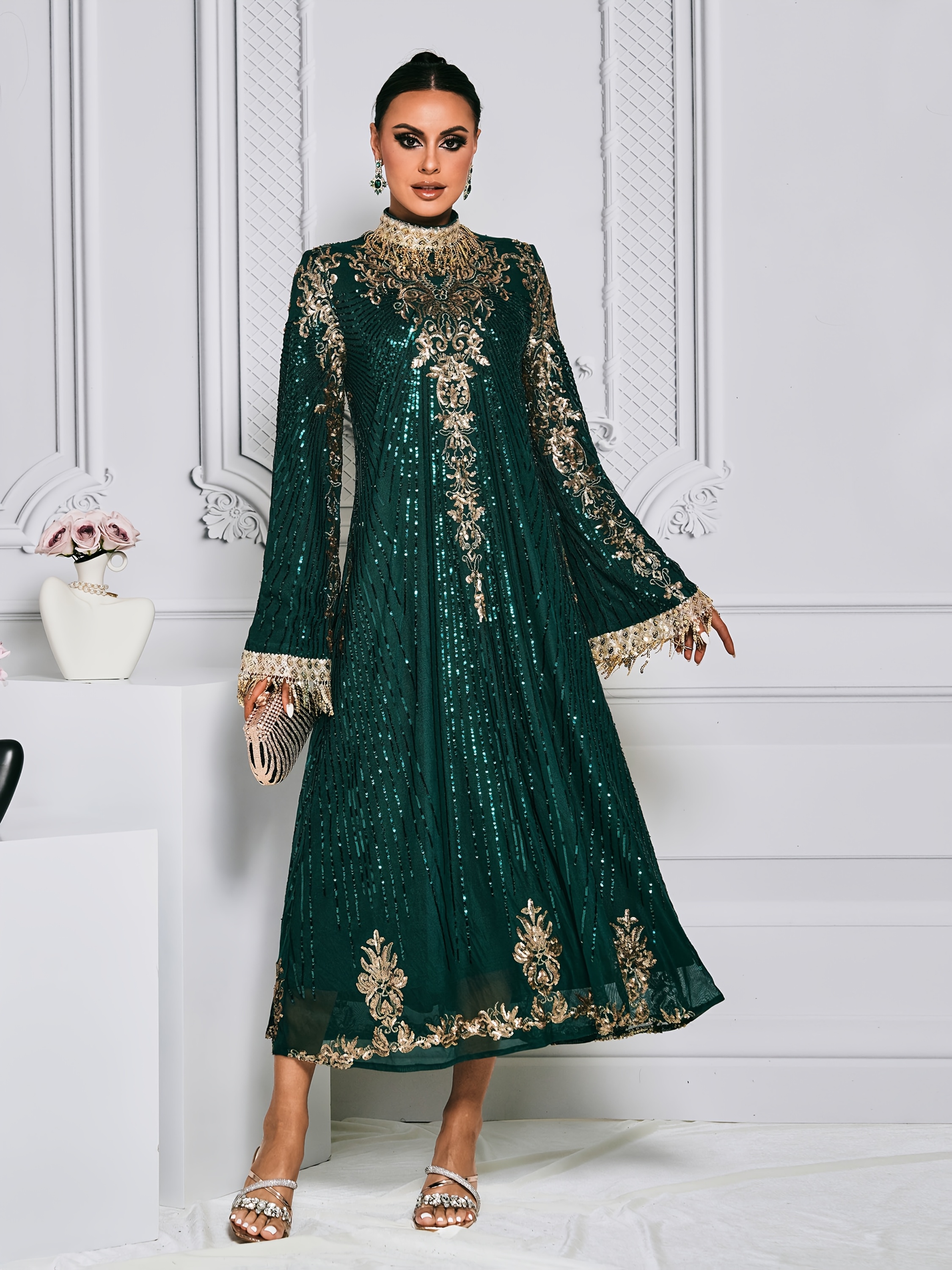 emerald green and gold dress for wedding guest Sparkly Green Ball Gowns Gold Lace Appliqued Wedding Dresses with Slee –  Viniodress