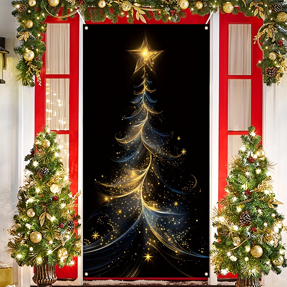 

1pc Christmas Cover Banner, Polyester Festive Tree With Halo Effect, Multipurpose Home Wall Decor, Welcome Porch Sign For Winter Farmhouse Front Door Display, No Electricity Needed