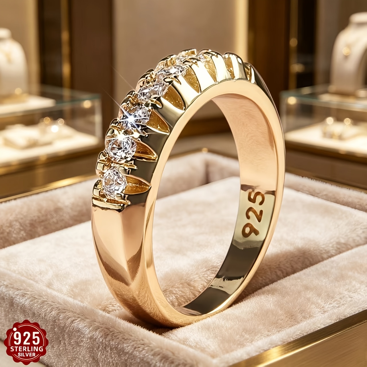 TEMU S925 Silver Plated Half Circle Ring With High-flash Synthetic Zirconia, Elegant And Chic Ladies' Ring, Versatile Jewelry For Daily Commuting