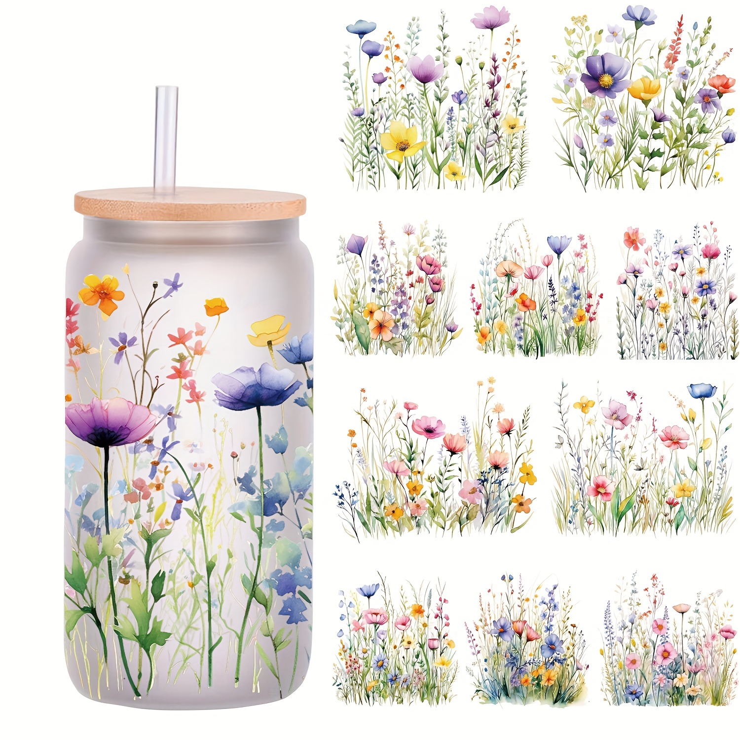 

5pcs Set Of Wildflower 16oz Glass Tumbler Decals - Uv Dtf Self-adhesive Plant Wraps For Coffee Mugs & Craft Supplies