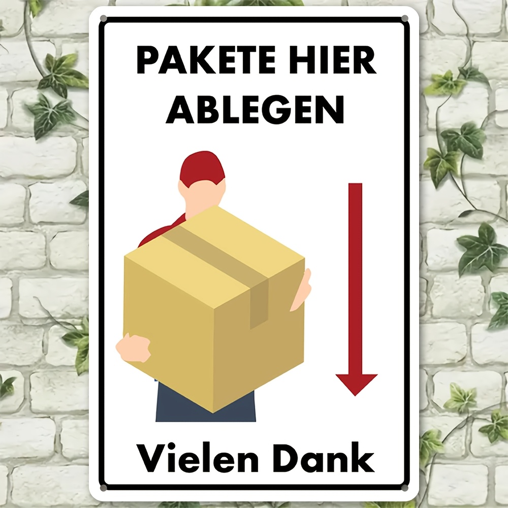 Image of 2d Flat - 1pc 2d Flat Metal Sign | "paket Ablegen" With & "vielen Dank" - Uv Protection, 8*12inch/20*30cm, Ideal For Package Area, Outdoor Signage | Modern Metal Sign | Weatherresistant Sign