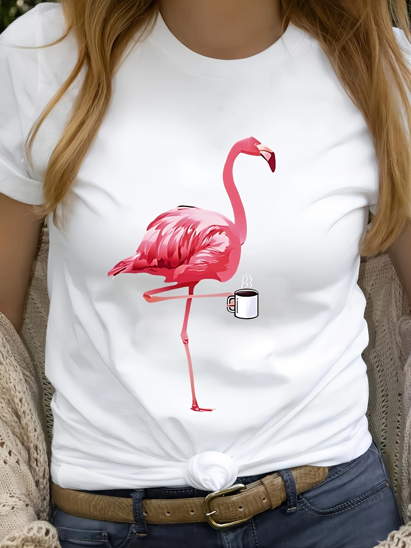 Flamingo Print T shirt Casual Crew Neck Short Sleeve Top - Temu