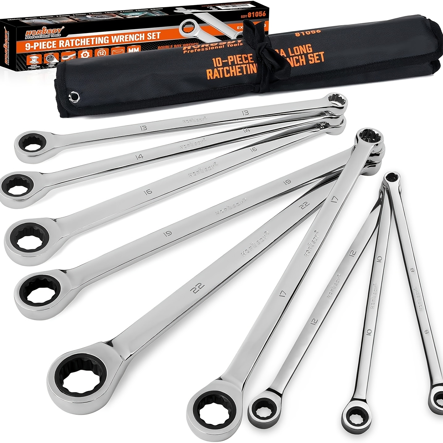 TEMU Horusdy 9pcs Extra Long Ratchet Wrench Set, Aviation Wrenches Chrome Vanadium Steel, Metric 8-22mm With Pouch