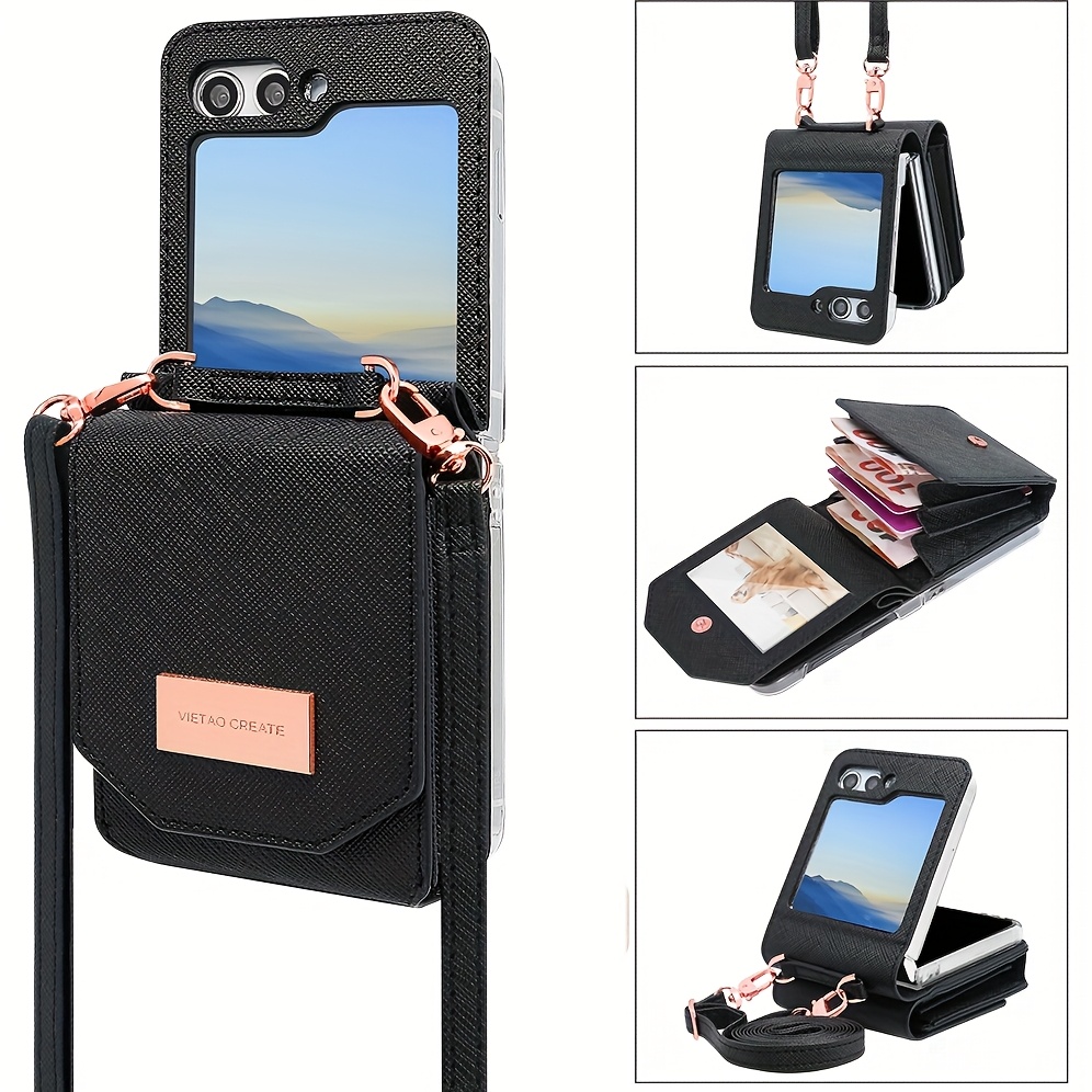 Image of Phone Case - Fashion Crossbody Wallet Faux Leather Phone Case Bag Compatible With Suitable For Galaxy Z Flip 5 Flip5 Lanyard Mobile Cover With Strap