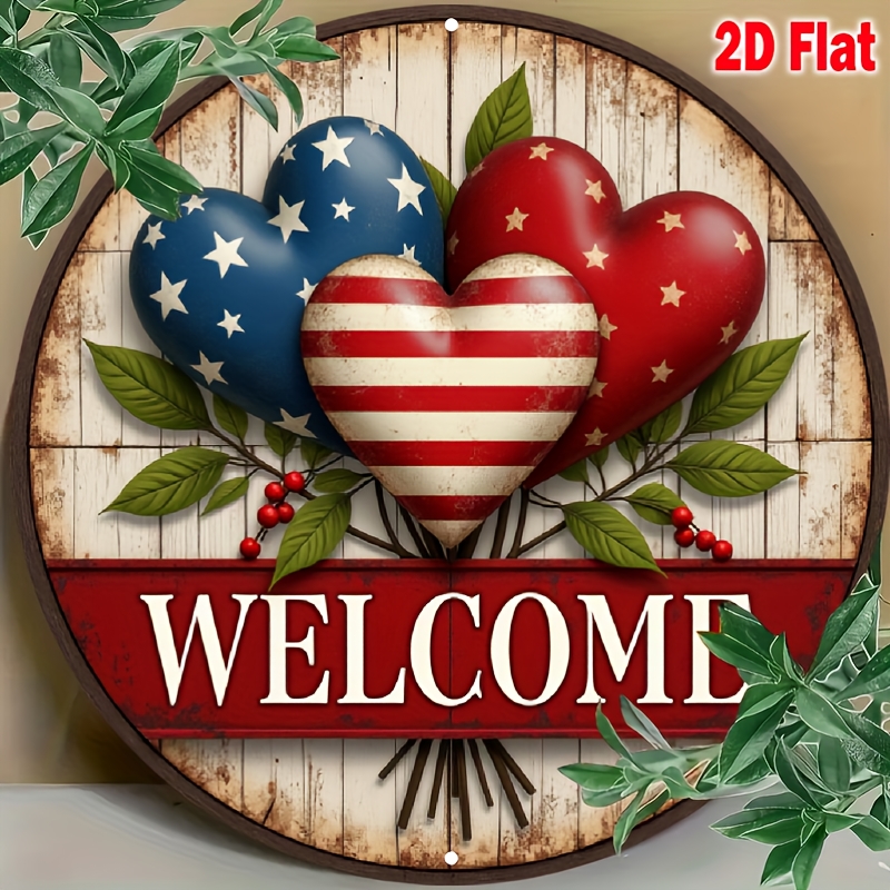 TEMU 2d Flat, 1pc Patriotic Heart Metal Sign, 8 Inch Day Theme Decoration, Waterproof And Fade Resistant For Porch Bar Garden Patio, Halloween